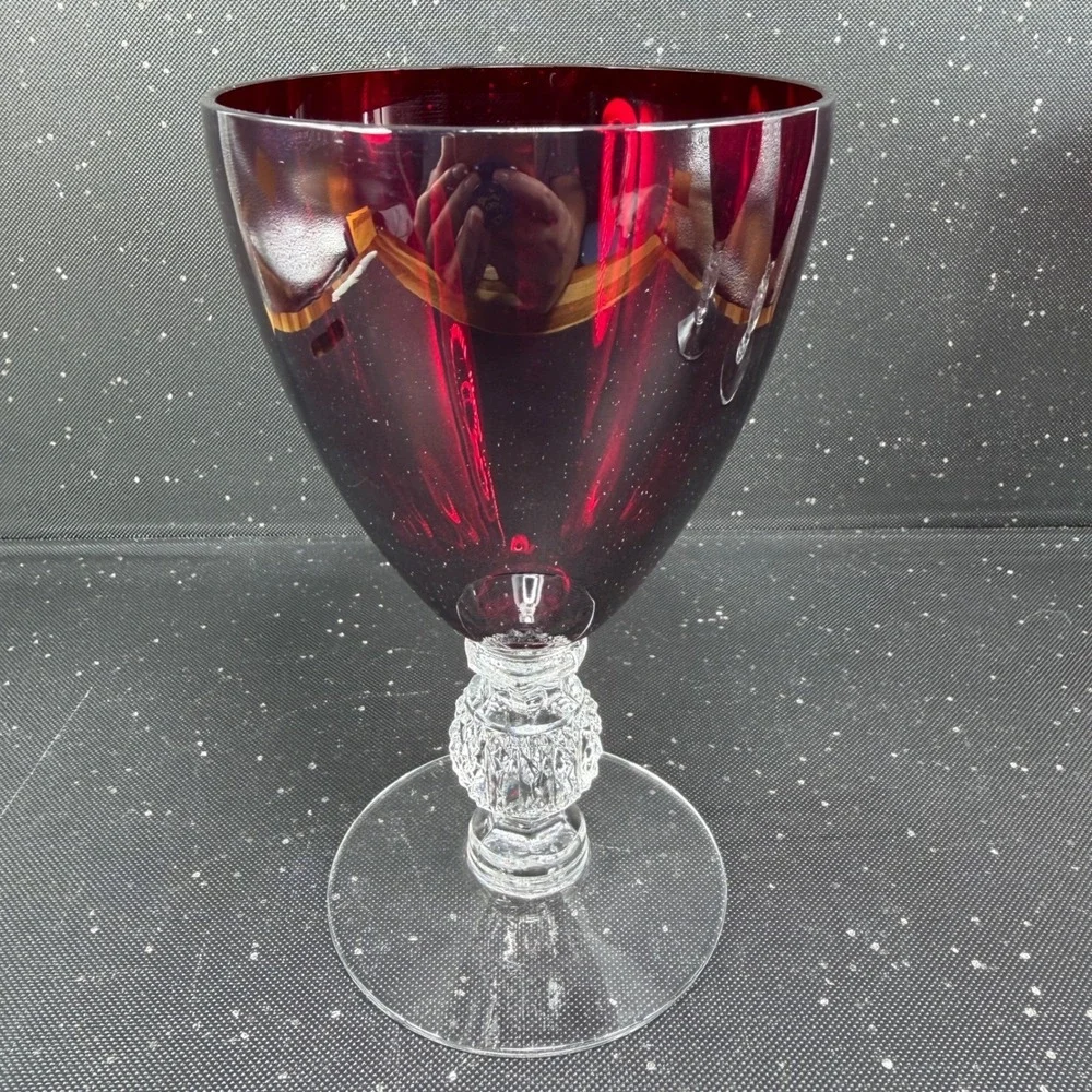 Morgantown Golf Ball Ruby Red Water Goblets Clear Stem Vintage Glassware Set 2